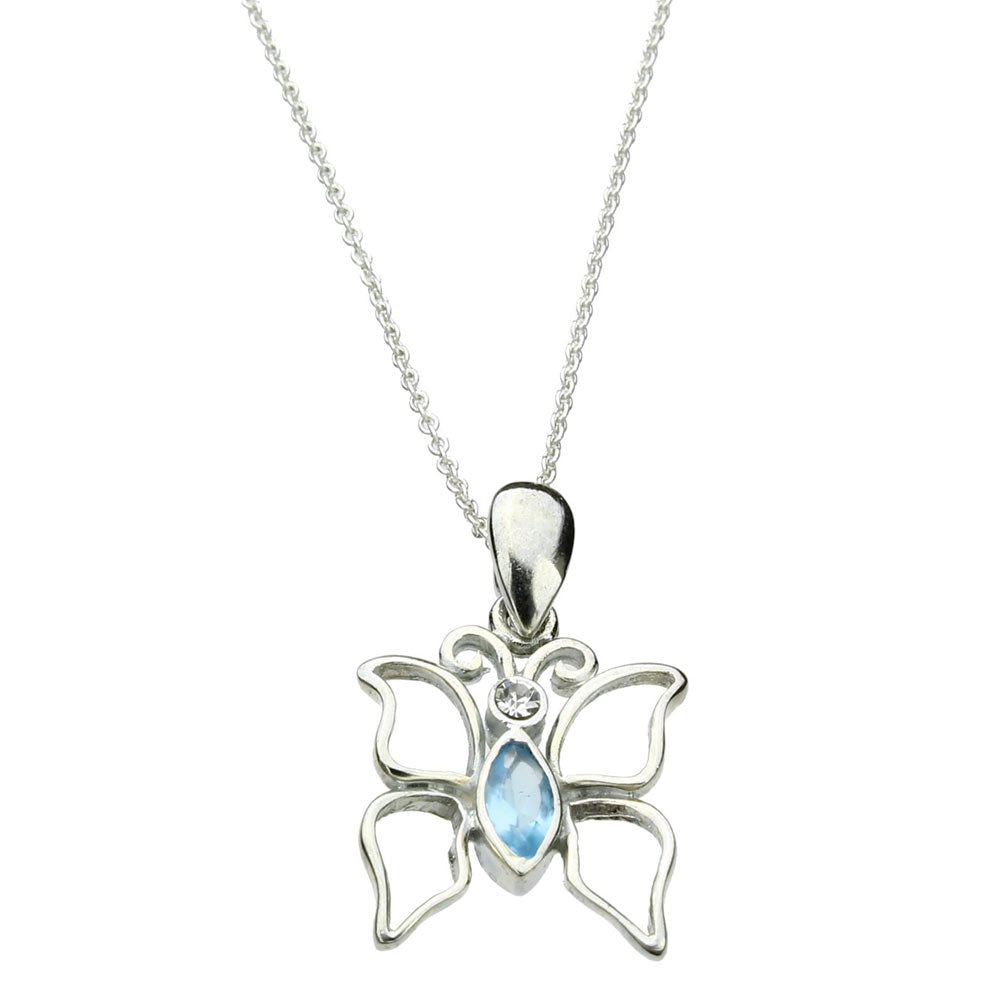 Aqua Marquis Cubic Zirconia Butterfly Sterling Silver Pendant Chain Necklace