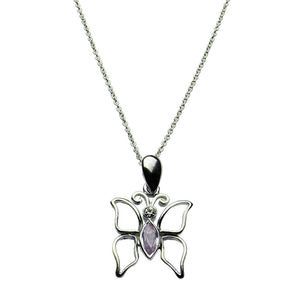 Lavender Marquis Cubic Zirconia Butterfly Sterling Silver Pendant Cable Chain Necklace