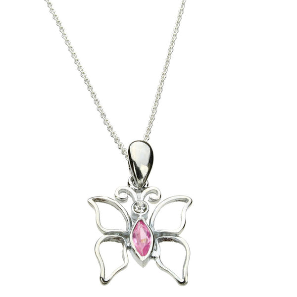 Pink Marquis Cubic Zirconia Butterfly Sterling Silver Pendant Chain Necklace