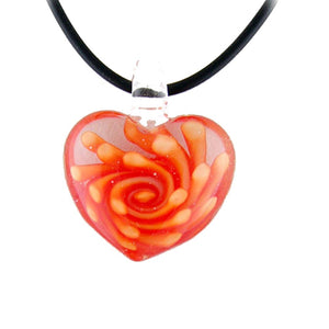 Orange Murano-style Glass Flower Heart Pendant Rubber Cord Necklace