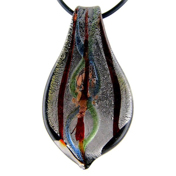Murano-style Brown Silver Glass Leaf Tie Pendant Rubber Cord Necklace