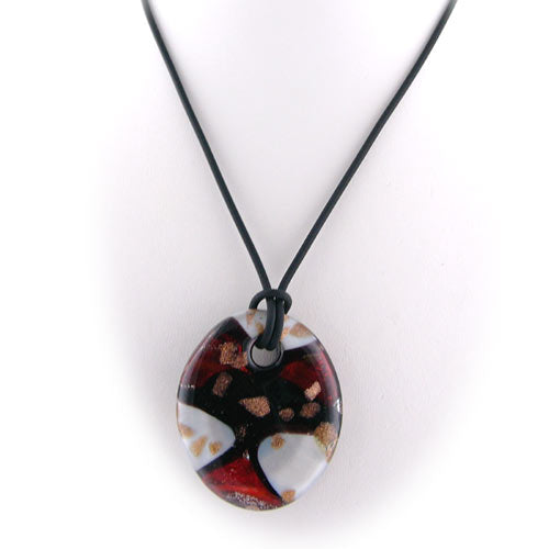 Red Murano-style Glass Oval Pendant Rubber Cord Necklace, 18-20 inches