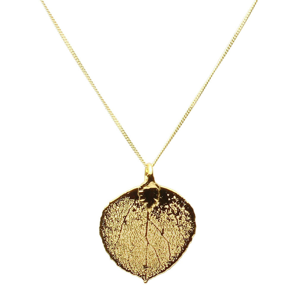 Small Gold-Plated Aspen Leaf Pendant 18k Gold-Flashed Sterling Silver Curb Chain Necklace, 16 inches