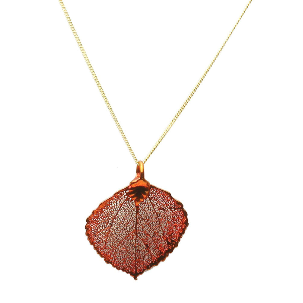 Small Irridescent Copper-Plated Aspen Leaf Pendant Sterling Silver Curb Chain Necklace, 16 inches