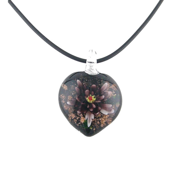 Purple Murano-style Glass Flower Heart Pendant Rubber Cord Necklace, 18 inches