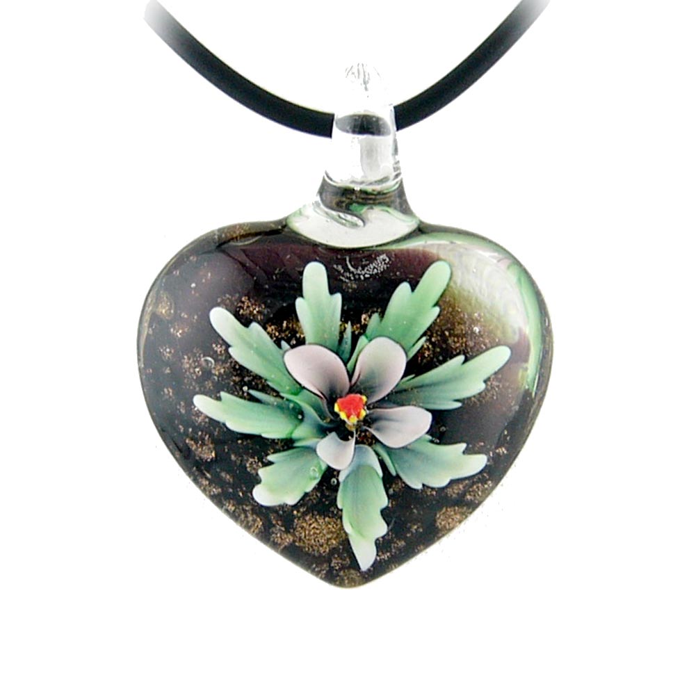 Green Murano-style Glass Flower Heart Pendant Rubber Cord Necklace, 18 inches