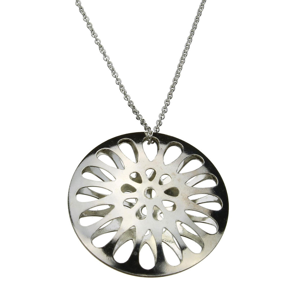 Sterling Silver Domed Sunburst Pendant Cable Chain Necklace Italy, 24 inches