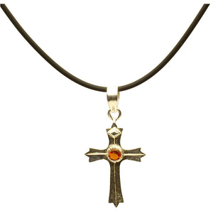 Sterling Silver Cross Orange Cubic Zirconia Pendant Rubber Cord Necklace, 20 inches