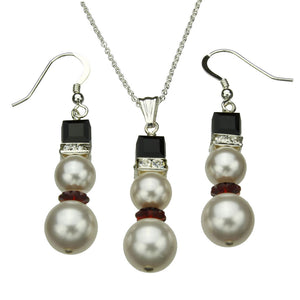 Sterling Silver Cable Chain Crystal Simulated Pearl Snowman Pendant Necklace Earrings