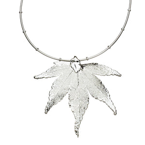 Plated Japanese Maple Leaf Pendant Sterling Silver Omega Beads Chain Necklace, 16 inches+2 inches Extemder
