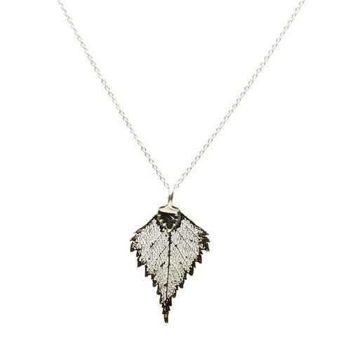Small Silver-Plated Birch Leaf Pendant Sterling Silver Cable Chain Necklace, 16 inches