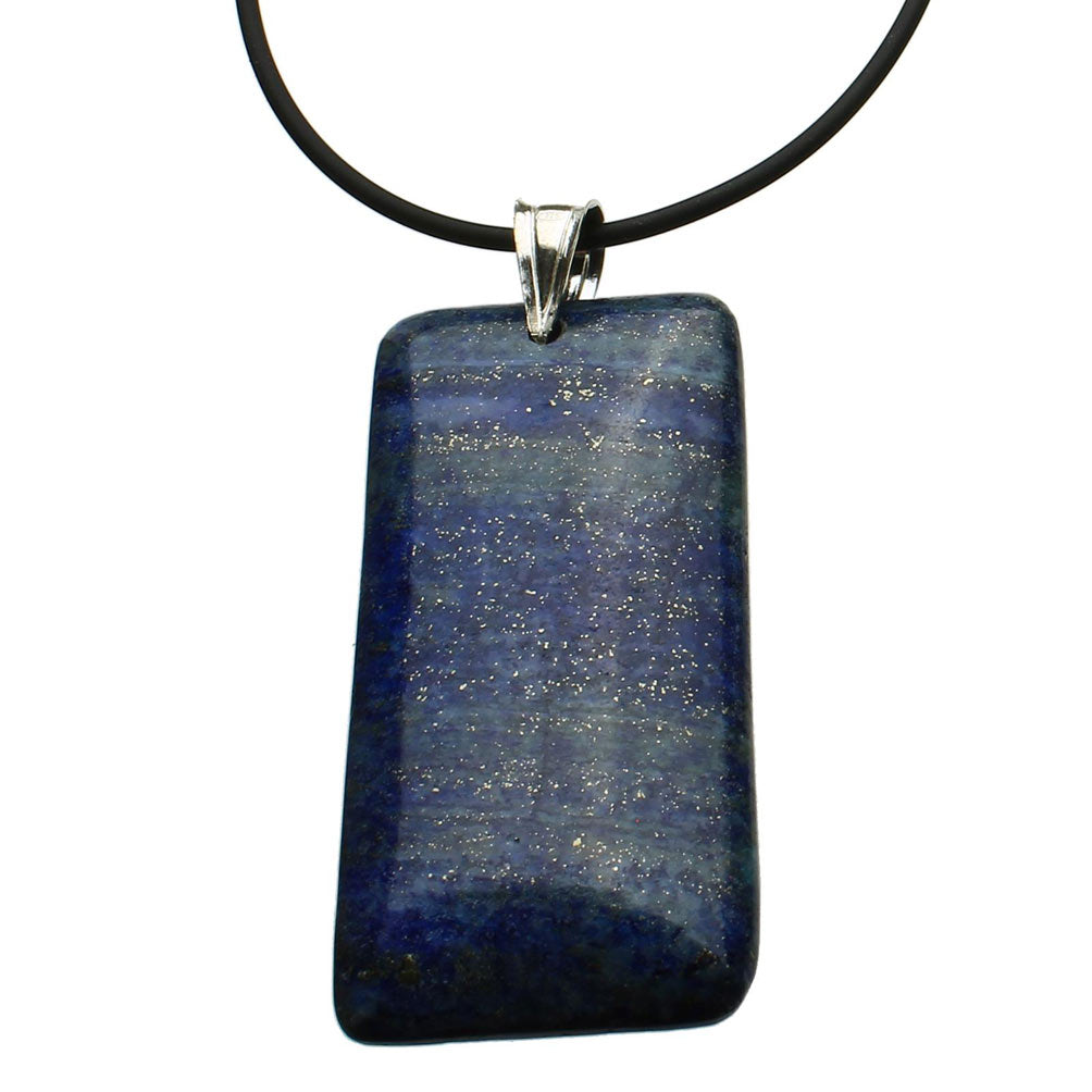 Blue Lapis Stone Rectangle Pendant Rubber Cord Necklace Sterling Silver Bail 20 Inch