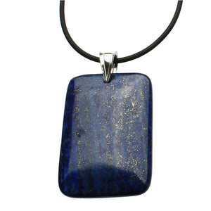 Blue Lapis Stone Rectangle Pendant Rubber Cord Necklace Sterling Silver Bail 18 Inch