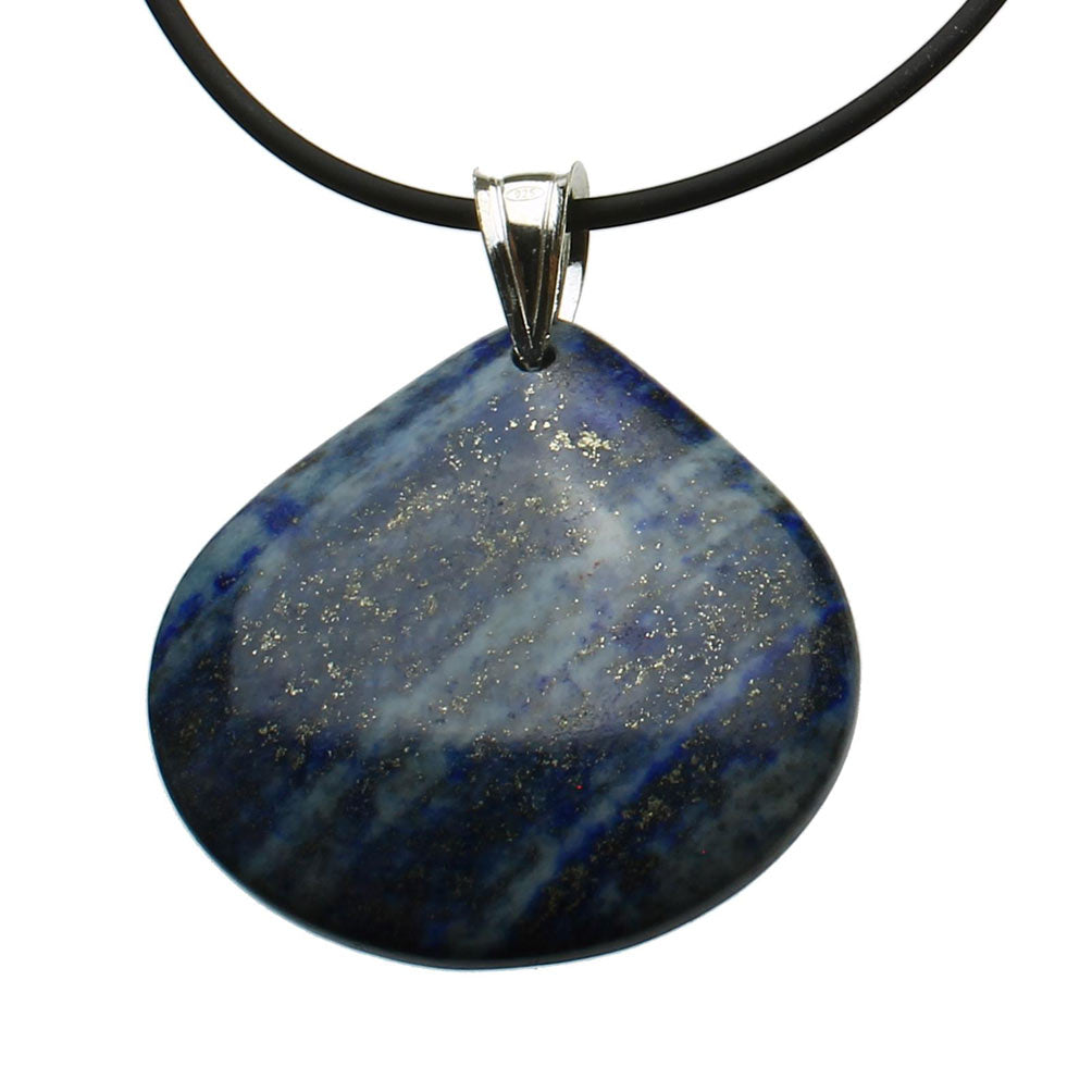 Blue Lapis Stone Teardrop Pendant Rubber Cord Necklace Sterling Silver Bail