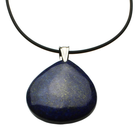 Blue Lapis Stone Pendant Rubber Cord Necklace Sterling Silver Bail, 18 Inch