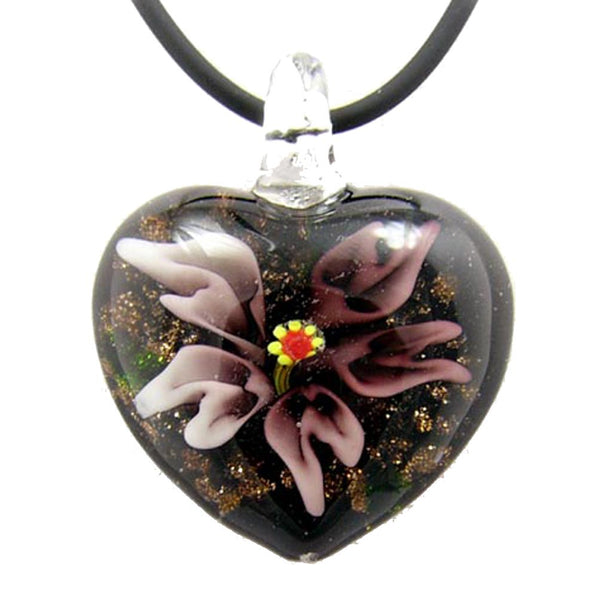 Lavender Murano-style Glass Flower Heart Pendant Rubber Cord Necklace, 18 inches