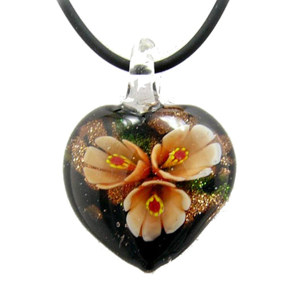 Orange Murano-style Glass Flower Heart Pendant Rubber Cord Necklace, 18 inches