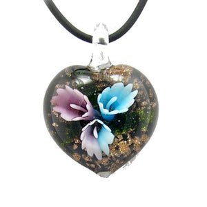 Lavender Aqua Murano-style Glass Flower Heart Pendant Rubber Cord Necklace, 18 inches