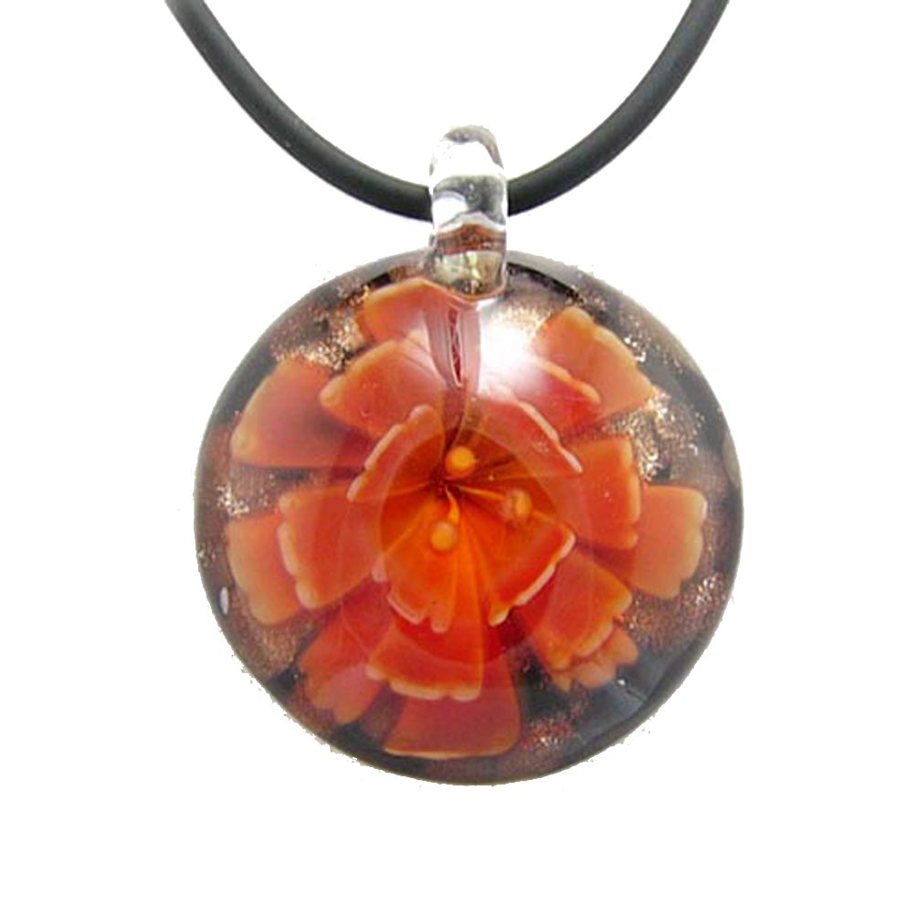 Orange Murano-style Glass Flower Pendant Rubber Cord Necklace