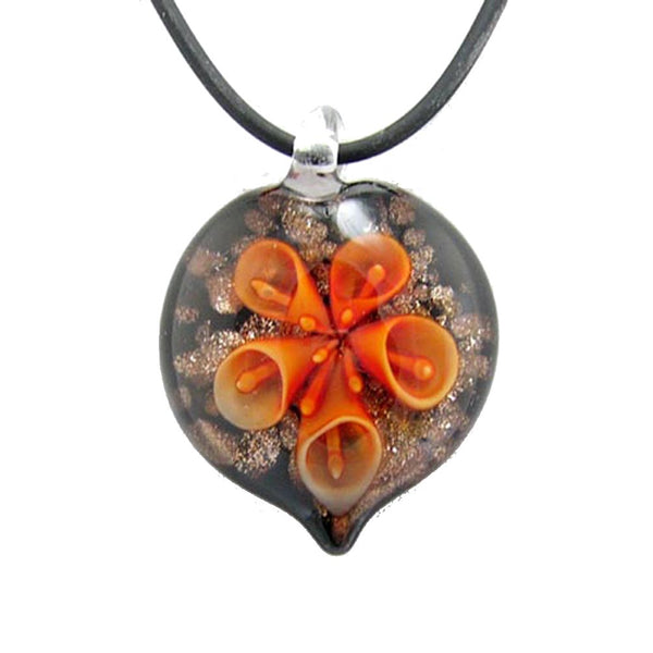 Orange Murano-style Glass Flower Heart Pendant Rubber Cord Necklace