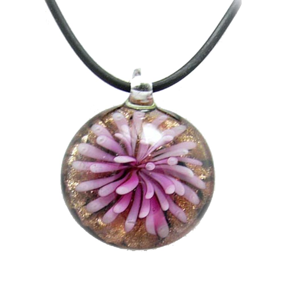 Pink Murano-style Glass Flower Pendant Rubber Cord Necklace, 18 inches