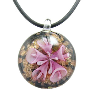 Pink Murano-style Glass Flower Pendant Rubber Cord Necklace