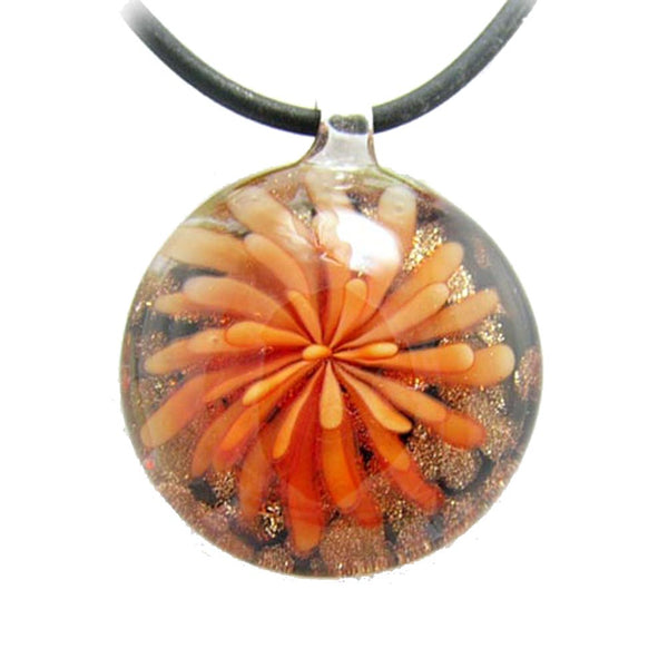 Orange Murano-style Glass Flower Pendant Rubber Cord Necklace, 16 inches