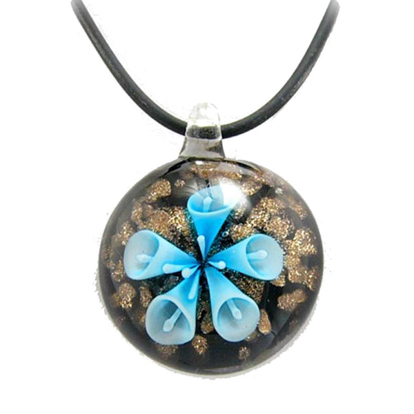Aqua Murano-style Glass Flower Pendant Rubber Cord Necklace, 24 inches