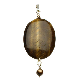 Tiger Eye Oval Stone Brown Freshwater Cultured Pearl Pendant Chain Necklace