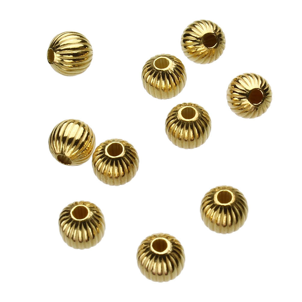 Gold-plated Sterling Silver 6mm Corrugated Round Beads with Large 1.8mm Hole Italy