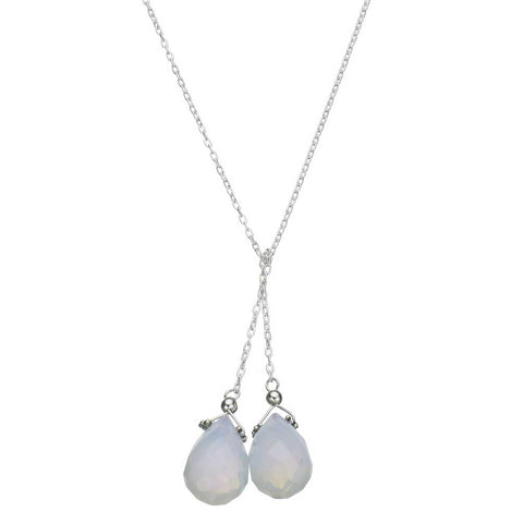 Faceted Opalite Glass Briolette Lariat Sterling Silver Chain Necklace  